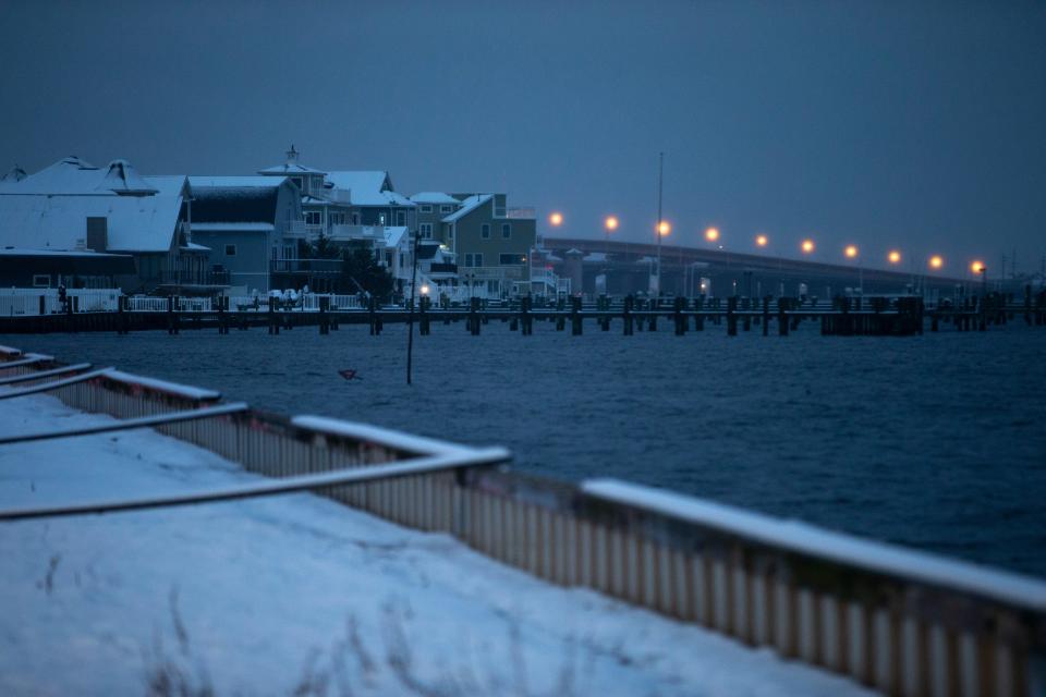 A view looking east from Bay Shore Drive. A mix of rain, snow, and sleet falls throughout the Jersey Shore as day breaks. 
Toms River, NJ
Tuesday, January 16, 2024