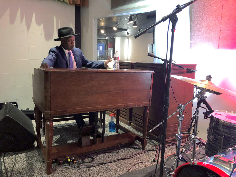 Master keyboardist Booker T. Jones prepares a Hammond B3 organ before a performance at the Stax Museum of American Soul Music on Wednesday, Sept. 14, 2022, in Memphis, Tenn. (AP Photo/Adrian Sainz)