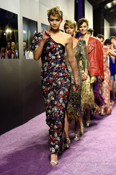 Gigi Hadid and Stella Maxwell hit the runway in Marc Jacobs Spring 2016 dress at the “Zoolander 2″ world premiere at Alice Tully Hall on February 9, 2016 in New York City. 