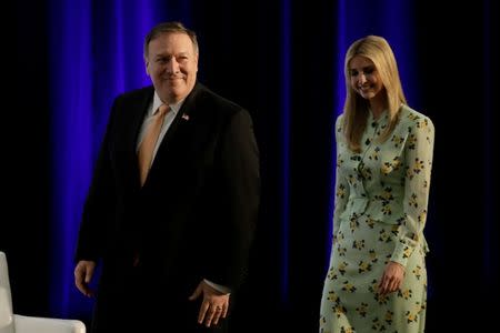 U.S. Secretary of State Mike Pompeo and White House senior advisor Ivanka Trump arrive to unveil the 2018 Trafficking in Persons (TIP) Report at the State Department in Washington, U.S., June 28, 2018. REUTERS/Yuri Gripas