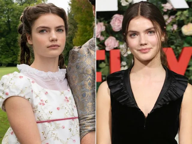 <p>LIAM DANIEL/NETFLIX ; Lia Toby/Getty</p> Left: Florence Emilia Hunt as Hyacinth Bridgerton; Right: Florence Hunt attends the "Bridgerton" Series 2 World Premiere at Tate Modern on March 22, 2022 in London, England