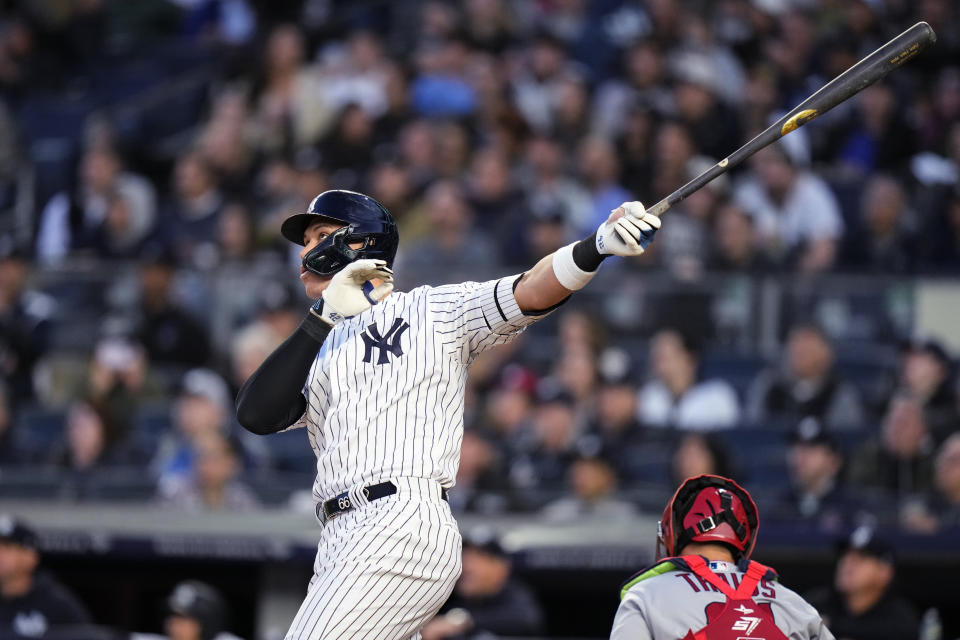 New York Yankees' Aaron Judge watches his two-run home run against the Los Angeles Angels during the first inning of a baseball game Wednesday, April 19, 2023, in New York. (AP Photo/Frank Franklin II)