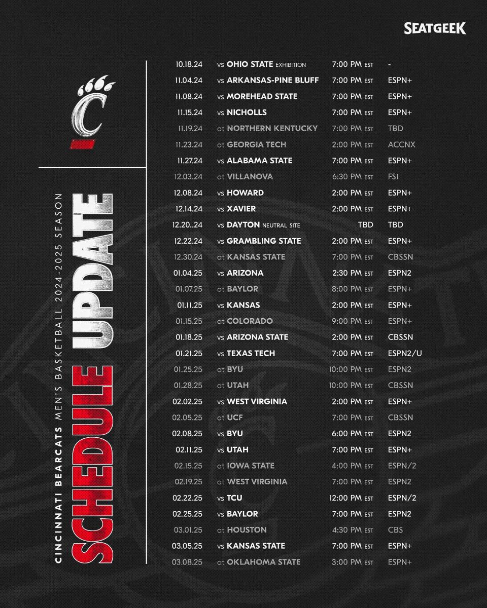 The University of Cincinnati Bearcats men's basketball schedule with tip times and broadcast partners was released Wednesday.