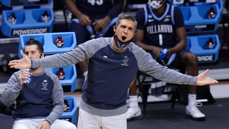 Villanova head coach Jay Wright argues a call against Baylor in the first half of a Sweet 16 game in the NCAA men's college basketball tournament at Hinkle Fieldhouse in Indianapolis, Saturday, March 27, 2021.(AP Photo/AJ Mast)