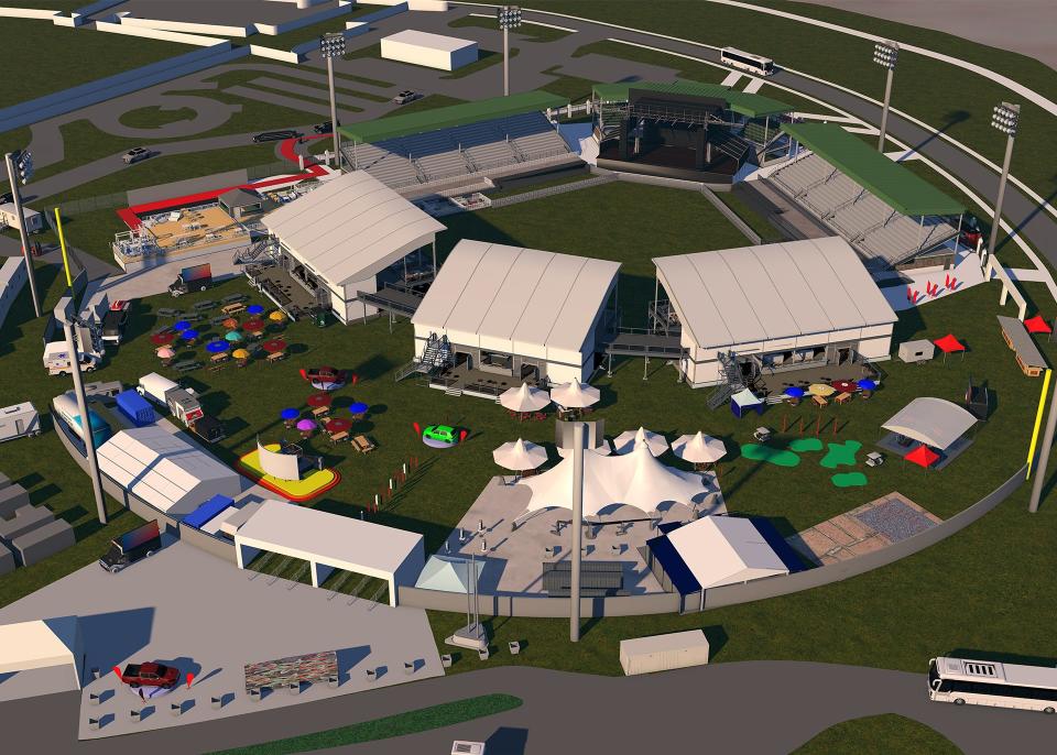 FILE - An artist rendering of C4 Live's plan to redevelop Lake Olmstead Stadium into a modern entertainment venue. The project fell through and the company will have to pay damages in connection to its failure.