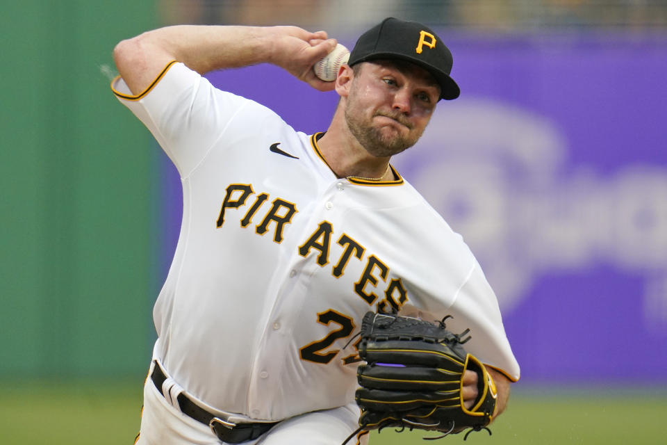 Pittsburgh Pirates starting pitcher Wil Crowe delivers during the first inning of the team's baseball game against the Milwaukee Brewers in Pittsburgh, Thursday, July 1, 2021. (AP Photo/Gene J. Puskar)