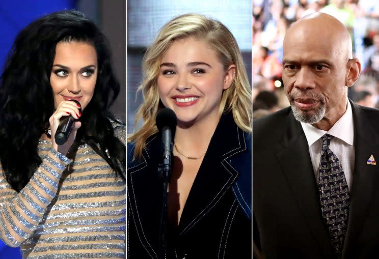 Katy Perry, Chloë Grace Moretz, and Kareem Abdul-Jabbar addressed the crowd on night four of the DNC. (Photos: Getty Images)