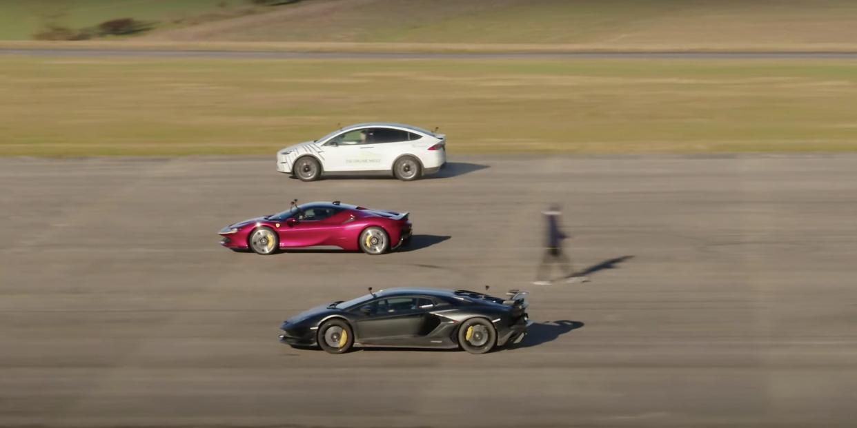 Tesla Model X Plaid, Ferrari SF90 Stradale, and Lamborghini Aventador SVJ racing