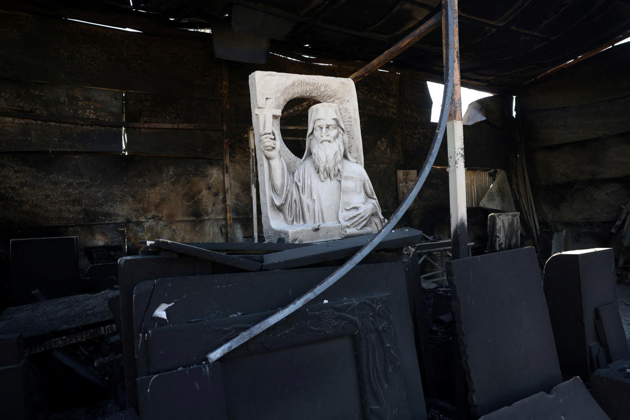 A marble workshop in the aftermath of a wildfire in the Chalandri suburb of Athens on Monday.  