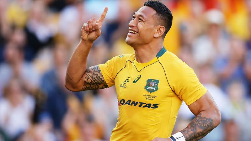 Seen here, Israel Folau celebrates while playing for the Wallabies in 2017.