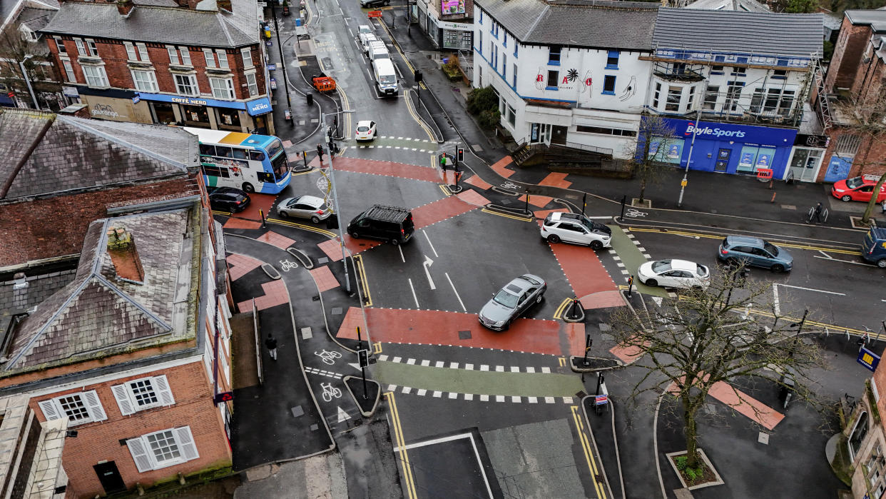 An aerial view of the ‘wonky’ new cycle lane crossroads where Wilbraham Road meets Barlow Moor Road in Chorlton, Manchester. (SWNS)
