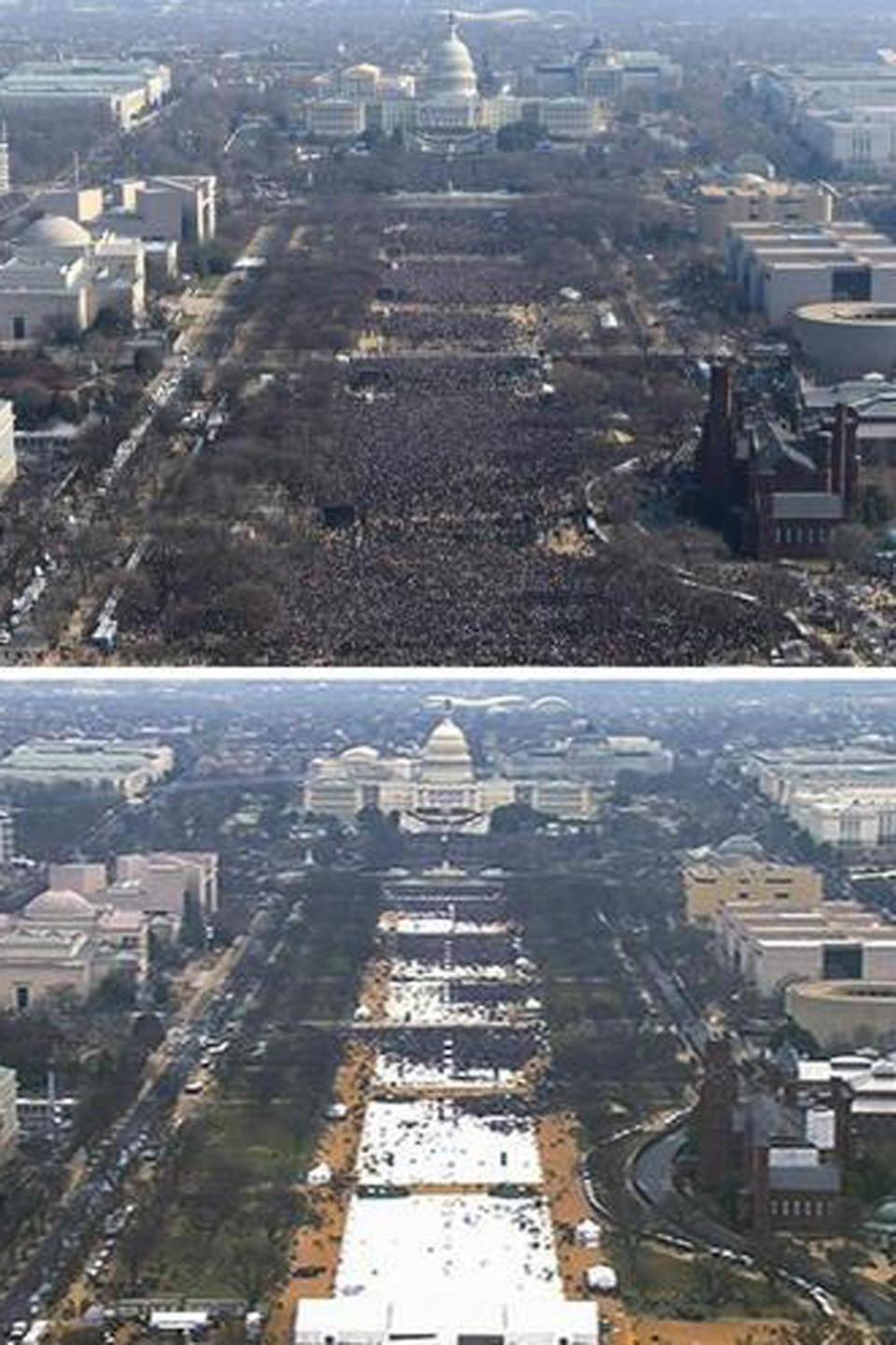 Contrast: An aerial view of Barack Obama's inauguration in 2009 (top) compared with Donald Trump's (bottom) (AP)