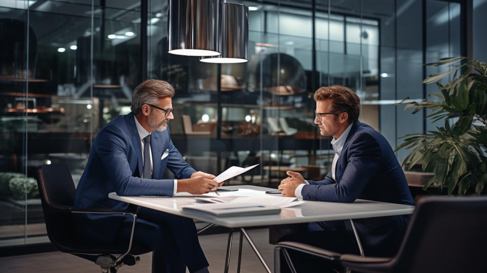 An experienced underwriter discussing complex insurance cases with a client in a modern office setting.