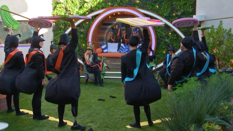 editorial use only mandatory credit photo by shutterstock for big brother 14163049a housemates doing task in garden big brother, show 14, uk 23 oct 2023