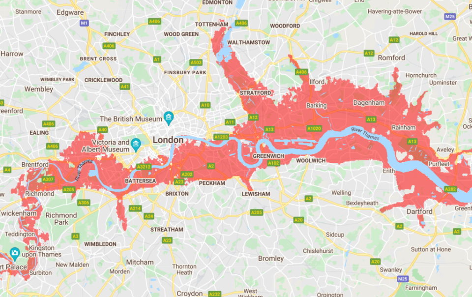 The areas in red face frequent flooding by 2030 (NASA)