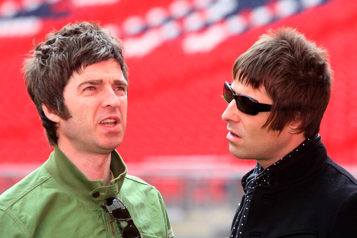 LONDON - OCTOBER 16: L-R Noel and Liam Gallagher attend the Oasis photocall in Wembley Stadium to promote their new album 'Dig out Your Soul' released on October 6, and their two sold out concerts at Wembley Arena, on October 16, 2008 in London, England. (Photo by Dave Hogan/Getty Images)