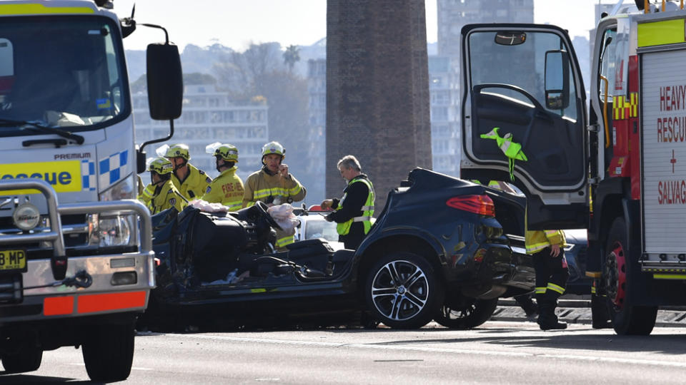 The wreckage of a multi car accident on the Sydney Harbour Bridge