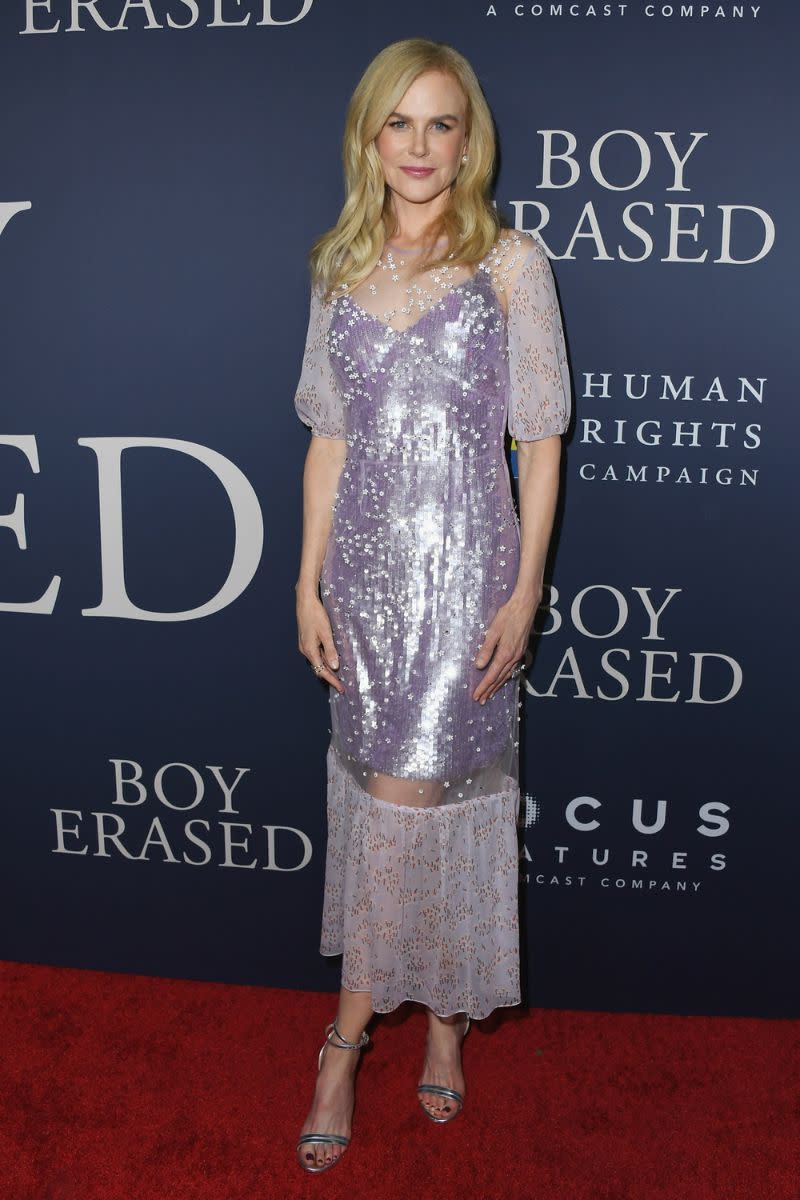 <p> We have to applaud Nicole’s commitment to the sequin midi dress and she wore another great style for the Boy Erased Premiere in 2018. The pretty pastel shade works well to give the sequins a more muted feel while the sheer overlay adds a feminine twist. </p>