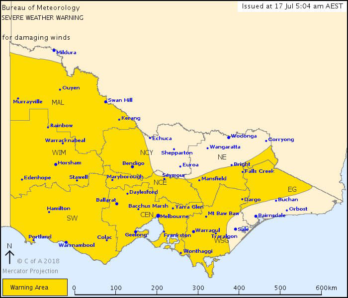 Damaging northerly winds with peak gusts of 90 to 100 km/h are set to hit Victoria on Tuesday. Source: Bureau of Meteorology