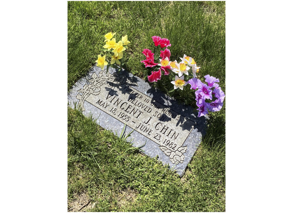 Vincent Chin’s headstone at Forest Lawn Cemetery, on May 9, 2022, in Detroit. Detroit is helping to honor Chin, a Chinese American man who was beaten to death 40 years ago by two white men who never served jail time. The commemoration comes as hate crimes against Asian Americans are on the rise in the U.S. The Vincent Chin 40th Remembrance & Rededication begins Thursday, June 16, and focuses on civil rights efforts that started with his 1982 death. (AP Photo/Corey Williams)