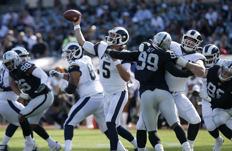 Los Angeles Rams' Blake Bortles throws a pass against the Oakland Raiders during the first half of an NFL preseason football game Saturday, Aug. 10, 2019, in Oakland, Calif. (AP Photo/Rich Pedroncelli)