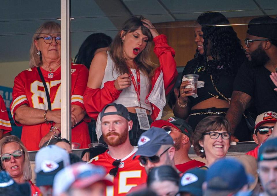 Singer Taylor Swift watches the Kansas City Chiefs take on the Chicago with the mother of Kansas City tight end Travis Kelce, Donna Kelce, Sunday, Sept. 24, 2023, at GEHA Field at Arrowhead Stadium.