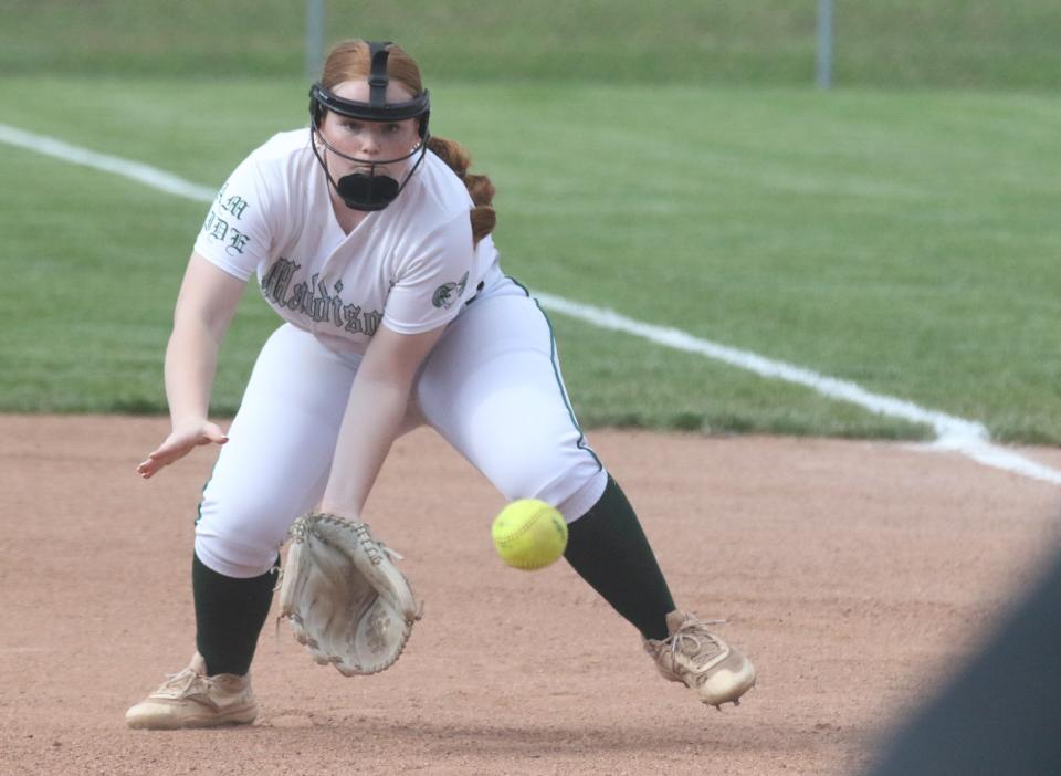 Madison's Ashley Markley fields a ground ball during the Rams' 3-0 win over Perkins on Monday.