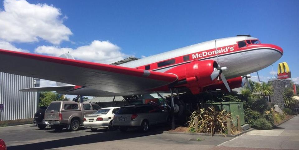 <p>Okay, so this plane doesn’t actually fly anymore, but this vintage South Pacific Airlines giant metal bird was decommissioned and <a href="https://www.yelp.com/biz/mcdonalds-taupo" rel="nofollow noopener" target="_blank" data-ylk="slk:flipped into a McDonald’s;elm:context_link;itc:0;sec:content-canvas" class="link ">flipped into a McDonald’s</a> in 1990. The main cabin has been converted into a 20-seat dining room and the cockpit is still in its original condition. </p>