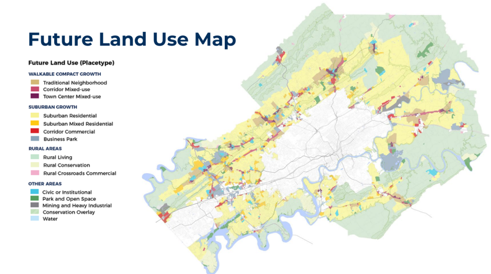 The future land use map is similar to the preferred scenario, but is more specific about where certain types of development should go.