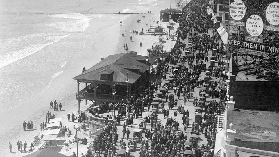 aerial view of crowds on a boardwalk