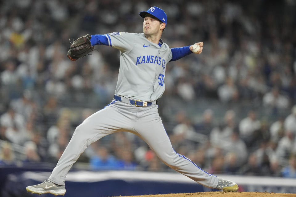 Kansas City Royals pitcher Cole Ragans delivers against the New York Yankees during the first inning of Game 2 of the American League baseball playoff series, Monday, Oct. 7, 2024, in New York. (AP Photo/Frank Franklin II)