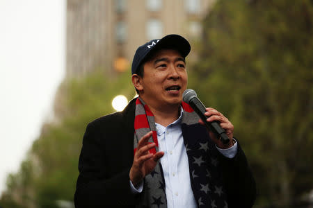 Democratic 2020 U.S presidential candidate Andrew Yang holds a rally in the Manhattan borough of New York, May 14, 2019. REUTERS/Gabriela Bhaskar