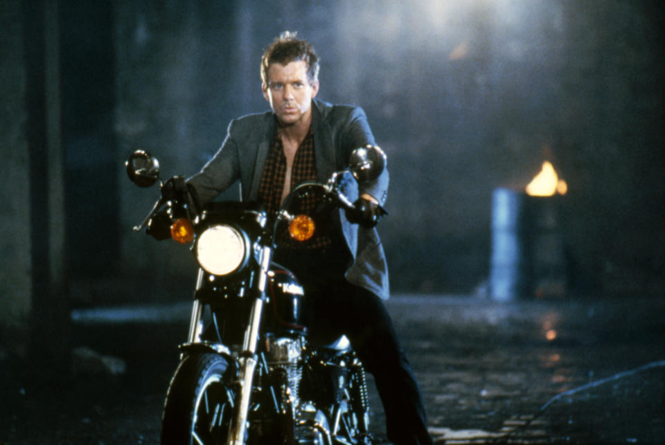 American actor Mickey Rourke on the set of Rumble Fish, written, directed, and produced by Francis Ford Coppola. (Photo by Sunset Boulevard/Corbis via Getty Images)