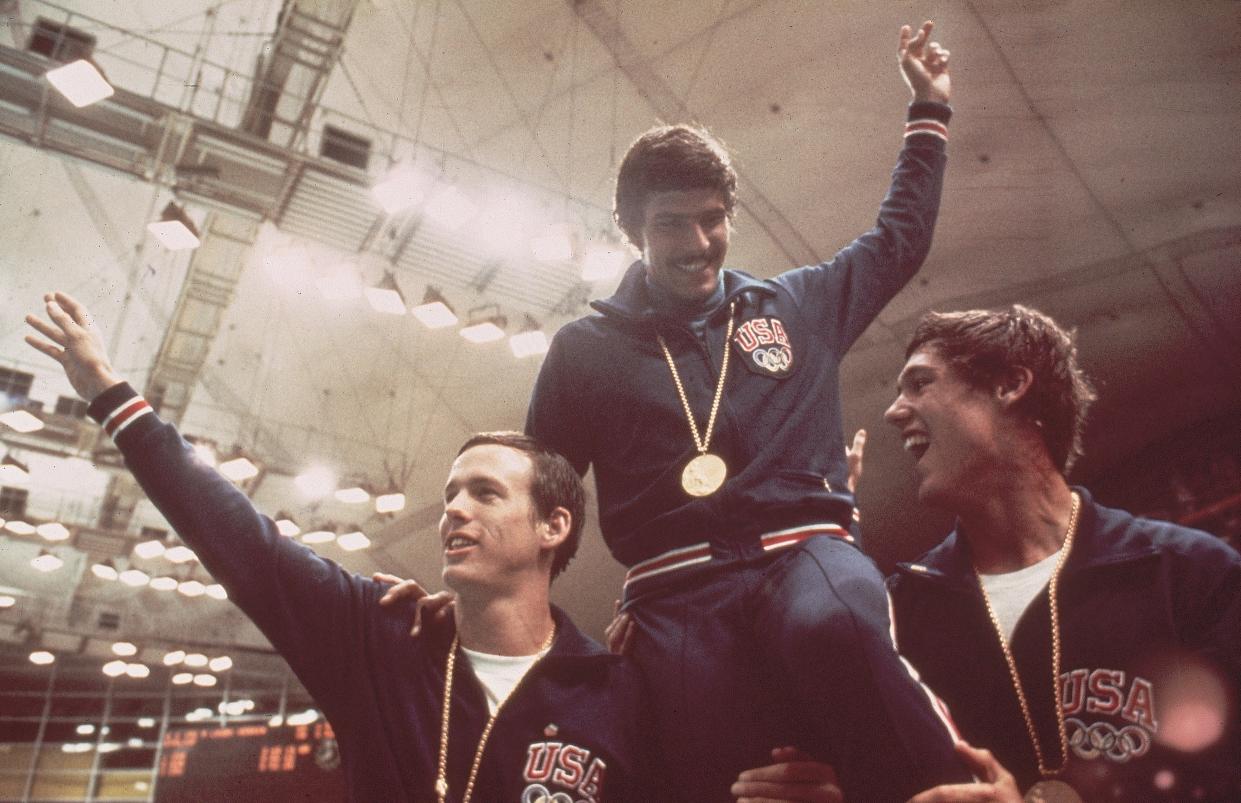 UNSPECIFIED - AUGUST 26:  Swimming: 1972 Summer Olympics, USA Mark Spitz victorious getting carried off field by teammates after winning gold medal in relay event, Munich, FRG 8/26/1972--9/11/1972  (Photo by Heinz Kluetmeier/Sports Illustrated via Getty Images)  (SetNumber: X17073)