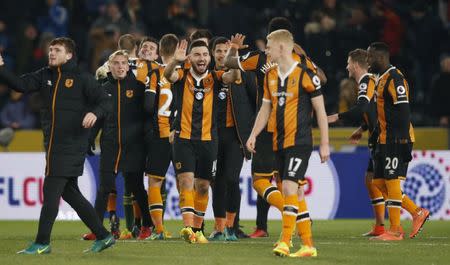 Hull City's Robert Snodgrass celebrates after the game with team mates. Hull City v Newcastle United - EFL Cup Quarter Final - The Kingston Communications Stadium - 29/11/16. Reuters / Andrew Yates Livepic