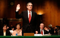 <p>FBI Director Robert Mueller is sworn in on Capitol Hill in Washington, Tuesday, March 27, 2007, prior to testifying before the Senate Judiciary Committee hearing on the FBI. (Photo: Susan Walsh/AP) </p>