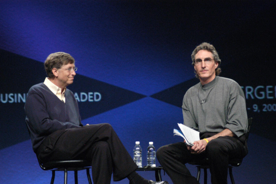 Bill Gates, Microsoft Chairman and Chief Software Architect, delivers the Keynote speech and talks with Doug Burgum - Senior Vice President responsible for the Microsoft Business Solutions business group at Microsoft Convergence 2005 at the San Diego Convention Center.  Gates spoke candidly about his personal visions and future endeavors to over 2000 attendees. (Photo by R. Born/WireImage)