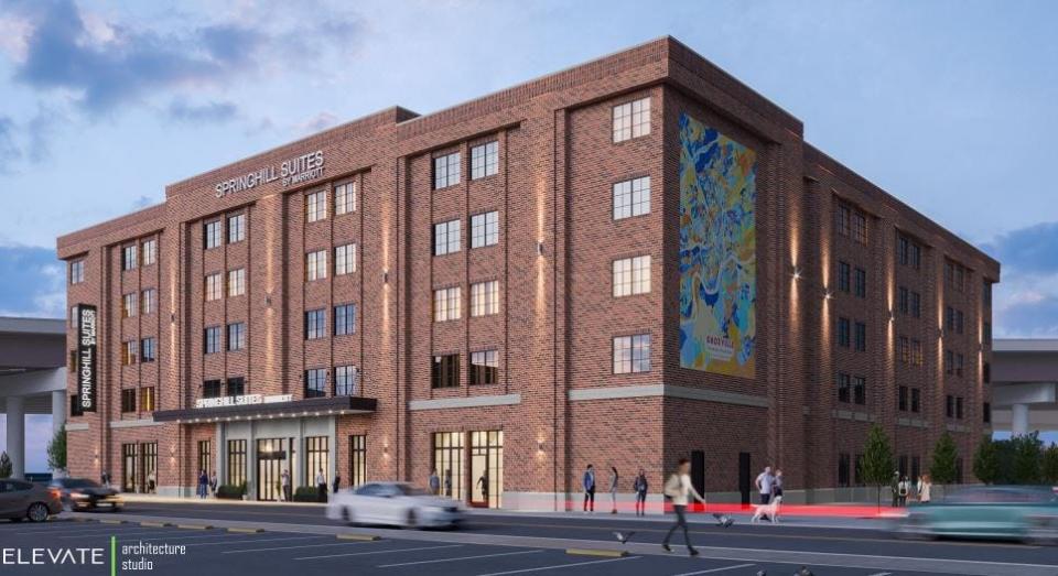 This SpringHill Suites by Marriott has been proposed for an Old City Parking between James White Parkway and Barley's Taproom & Pizzeria. The project depended on the approval of a nearby downtown Knoxville minor league baseball stadium, which is now set to open for Tennessee Smokies home games in 2025.