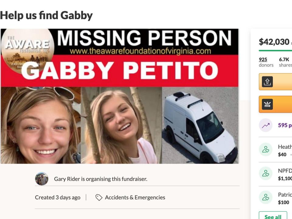 A screenshot of a GoFundMe titled "Help Us Find Gabby", showing $42,000