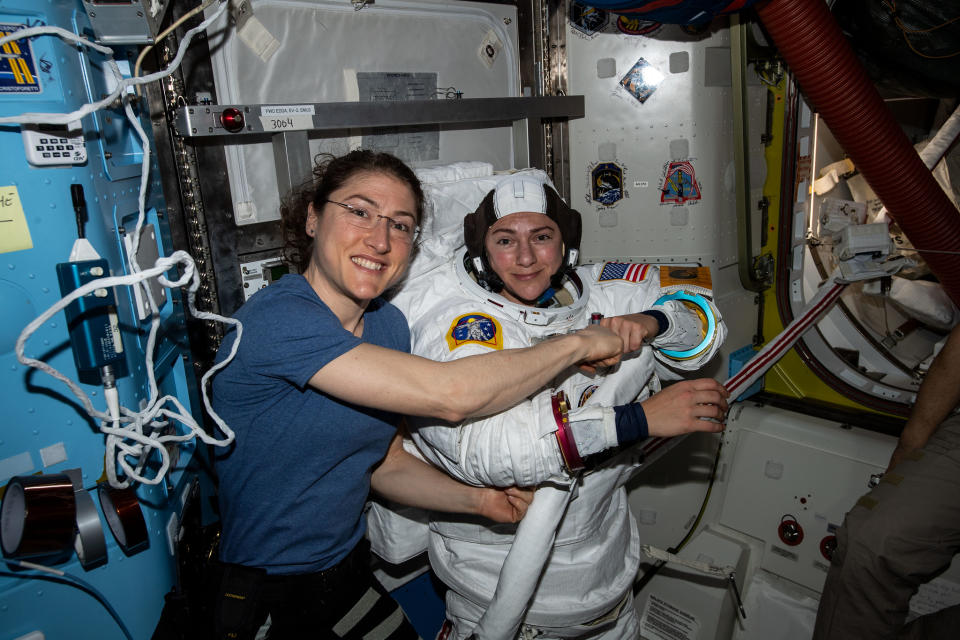 <p> On Oct. 18, 2019, two NASA astronauts made space history with the world&apos;s&#xA0;first all-female spacewalk.&#xA0; </p> <p> NASA astronauts&#xA0;Christina Koch&#xA0;and&#xA0;Jessica Meir&#xA0;went outside the International Space Station on an unplanned repair spacewalk to fix a fault battery component. Koch, a spacewalk veteran, led the EVA while Meir performed her first spacewalk.&#xA0; </p> <p> Koch and Meir were part of the&#xA0;Expedition 61&#xA0;crew, with Koch also flying the first nearly yearlong space mission by a woman.&#xA0;Koch set a new record for the longest single spaceflight, having spent 328 consecutive days on board the orbiting laboratory. (The previous record holder was Peggy Whitson, who spent 289 consecutive days in space.) </p>