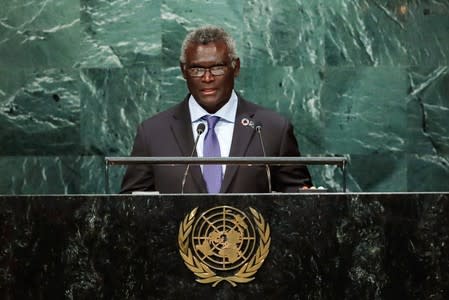 FILE PHOTO: Solomon Islands' Prime Minister Manasseh Sogavare addresses the United Nations General Assembly in the Manhattan borough of New York