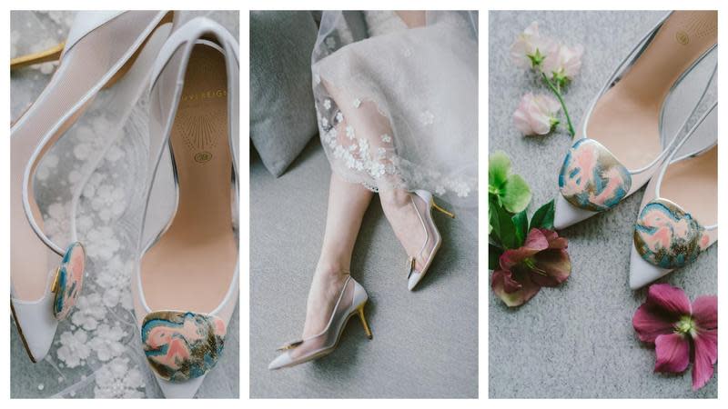 夢幻到不行的SAUVEREIGN金箔婚鞋系列，最適合喜歡低調中帶有奢華感受的準新娘。（SAUVEREIGN提供）