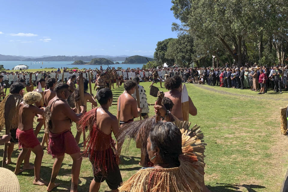 New Zealand Prime Minister Christopher Luxon and officials are welcomed on to the Waitangi Treaty grounds by local Maori ahead of Waitangi Day celebrations in Waitangi, northern New Zealand, Monday, Feb. 5, 2024. In a fiery exchange at the birthplace of modern New Zealand, Indigenous leaders strongly criticized the current government's approach to Maori, ahead of the country’s national day. (Adam Pearse/NZ Herald via AP)