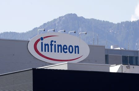 FILE PHOTO: The logo of semiconductor manufacturer Infineon is seen at its Austrian headquarters in Villach