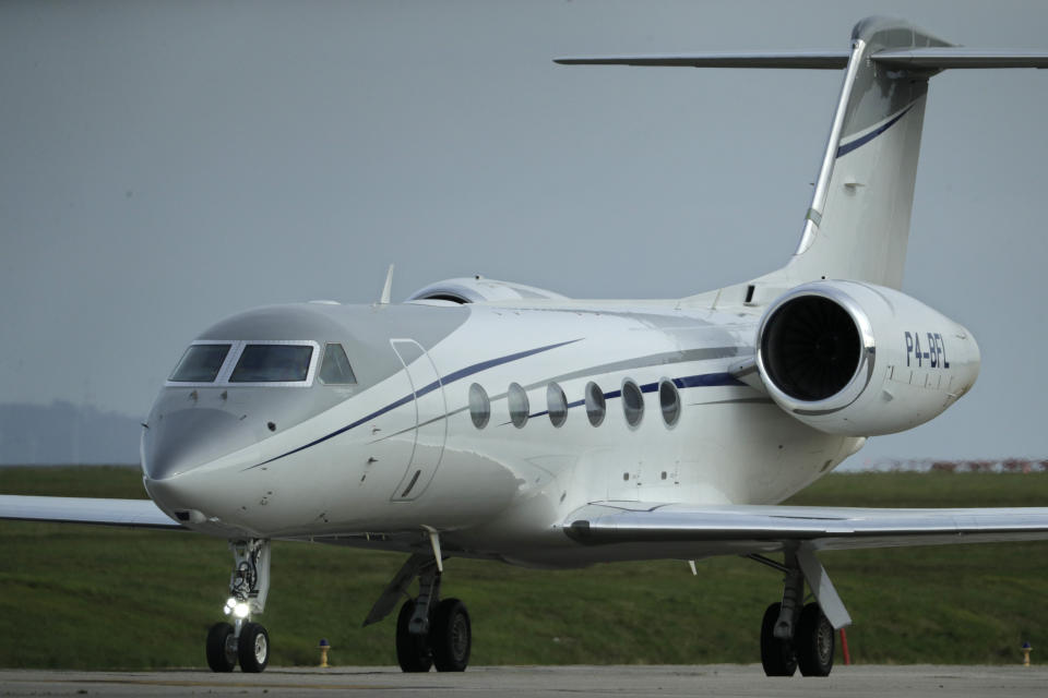 A private jet with Spain's former King Juan Carlos on board taxis after landing at the Peinador airport in Vigo, north western Spain, Thursday, May 19, 2022. Spain's former King has returned to Spain Thursday for his first visit since leaving nearly two years ago amid a cloud of financial scandals. (AP Photo/Lalo R. Villar)