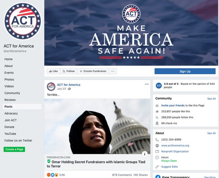 "La congresista Ilhan Omar realiza en secreto recaudaciones de fondos para grupos islámicos vinculados con el terrorismo". Facebook. 