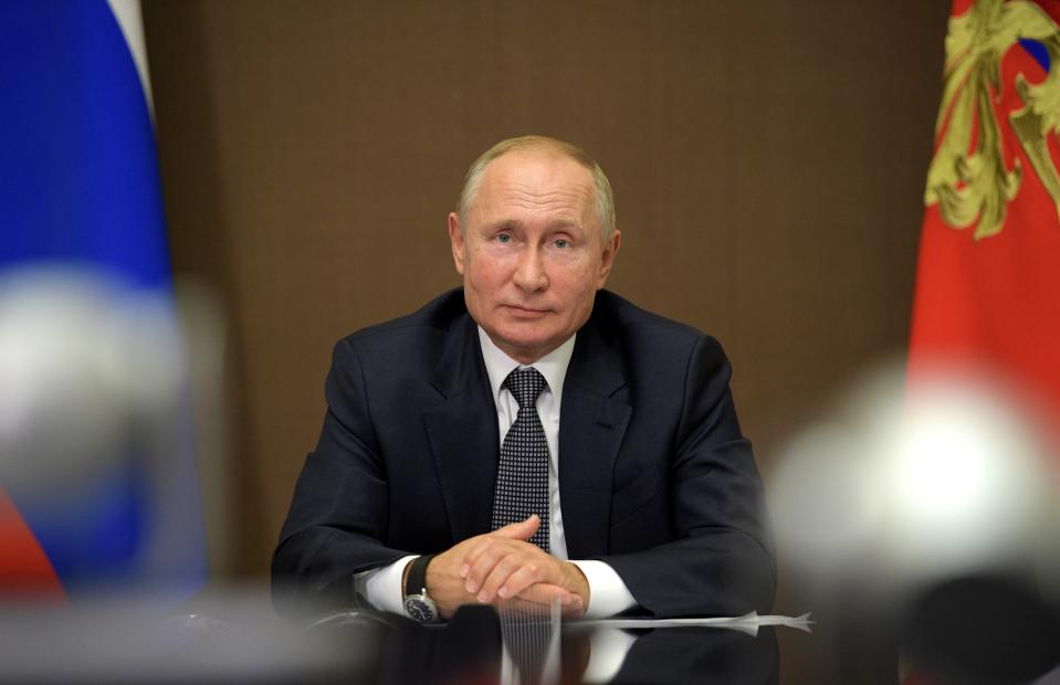 Russian President Vladimir Putin attends a meeting with Moldova's President Igor Dodon via video conference in the Bocharov Ruchei residence in the Black Sea resort of Sochi, Russia, Monday, Sept. 28, 2020. (Alexei Druzhinin, Sputnik, Kremlin Pool Photo via AP)