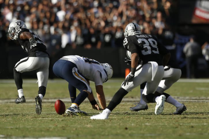 Oct 9, 2016; Oakland, CA, USA; San Diego Chargers tight end Sean McGrath (84) is unable to recover a fumble on a field goal attempt against the Oakland Raiders in the fourth quarter at Oakland Coliseum. The Raiders defeated the Chargers 34-31. Mandatory Credit: Cary Edmondson-USA TODAY Sports