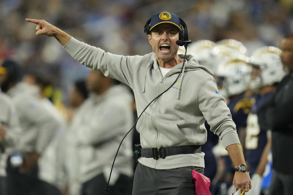 Los Angeles Chargers head coach Brandon Staley yells from the sideline during the first half of an NFL football game against the Baltimore Ravens, Sunday, Nov. 26, 2023, in Inglewood, Calif. (AP Photo/Ashley Landis)