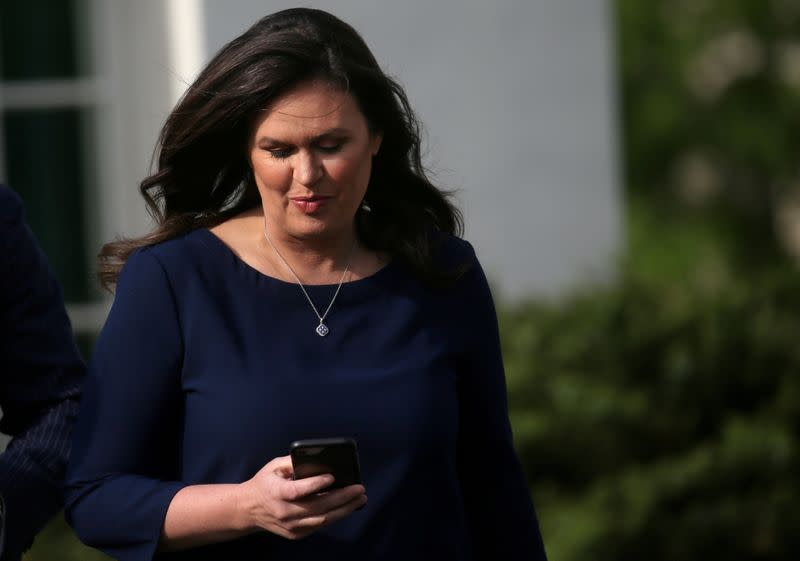 U.S. White House Press Secretary Sarah Huckabee Sanders speaks with the news media